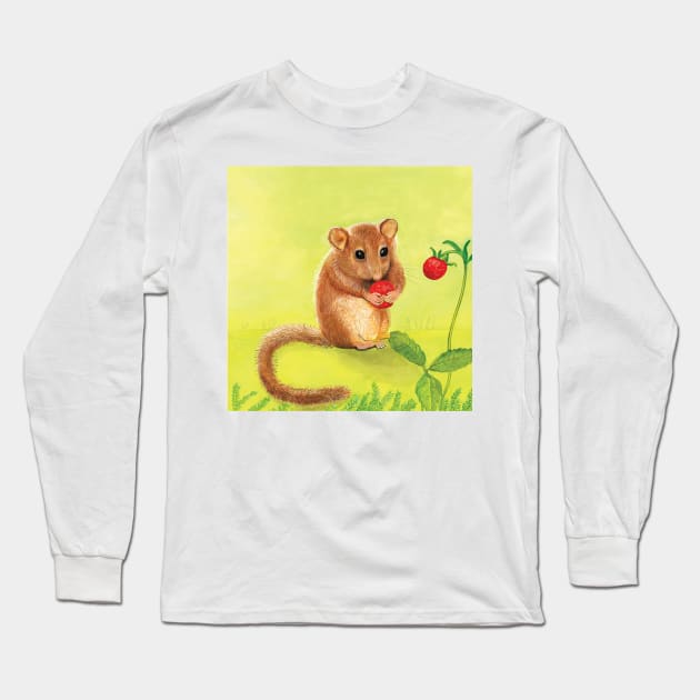 Hazel (or Common) dormouse eating woodland strawberry Long Sleeve T-Shirt by Julia Doria Illustration